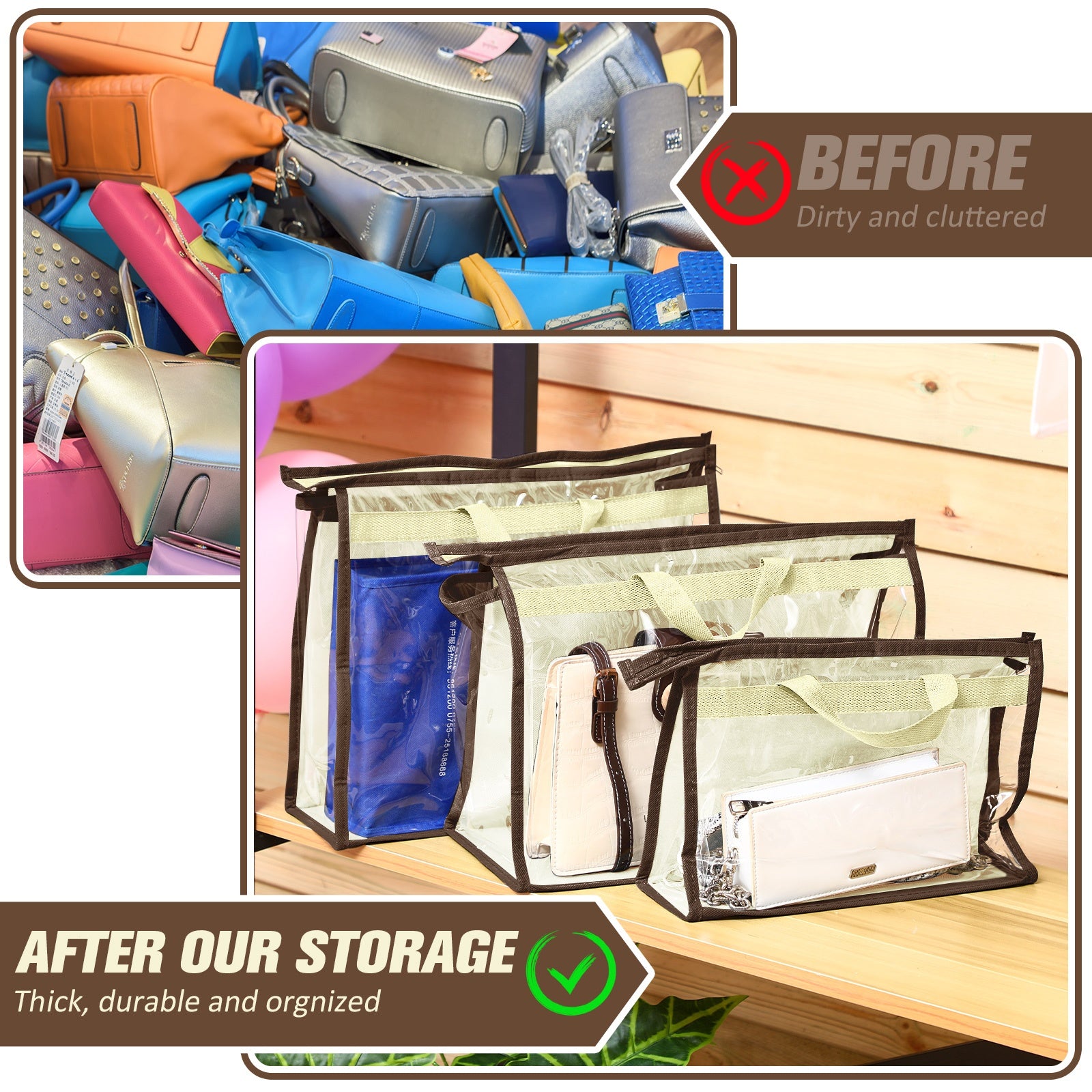 24 Pack Dust Bags for Handbags with 25 Stainless Steel S Shape Hooks, 3 Assorted Sizes Dust Cover Bags Damp Proof Purse Storage Handbags with Zippers And Handles for Closet Hanging