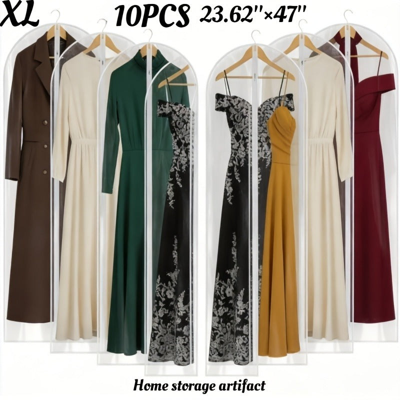 Set of 10 Transparent Garment Bags, Each 47 Inches Long, Designed for Women's Clothing And Suits, Featuring Waterproof Zippers for Protecting Hanging Garments And Coats, Ensuring They Are Dust And Moisture Resistant for Organized Wardrobe Storage