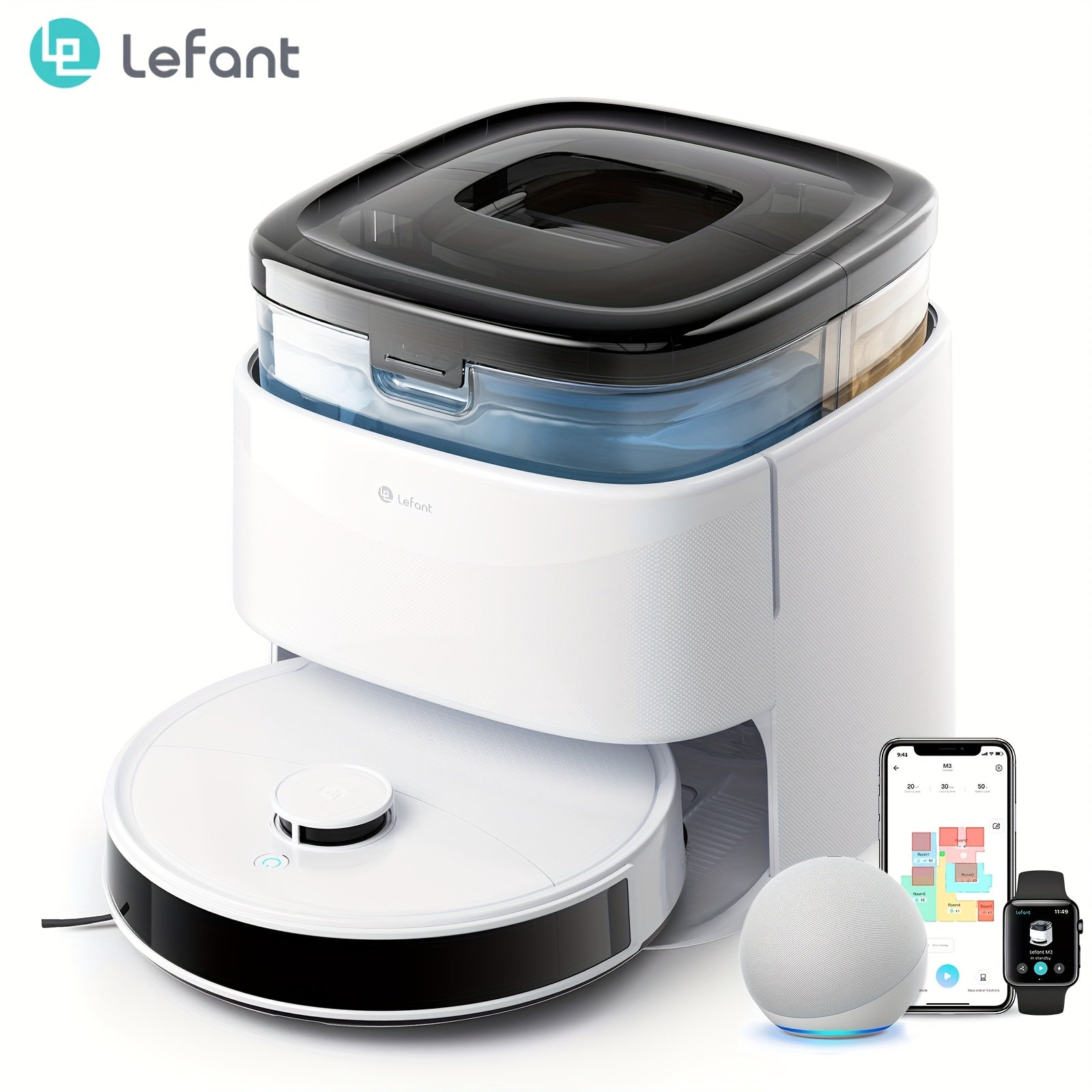 Lefant M3 Robot Vacuum, Vacuum Robot And Mop, 14000Pa Suction, Anti-Tangle Brushes, Dual Spinning Mop, Auto Mop Washing, Powerful Cleaning, Self-Emptying, Self-Refilling, for Carpet Pet Hair Dust, WiFi\u002FApp\u002FAlexa\u002FDTOF Laser Navigation