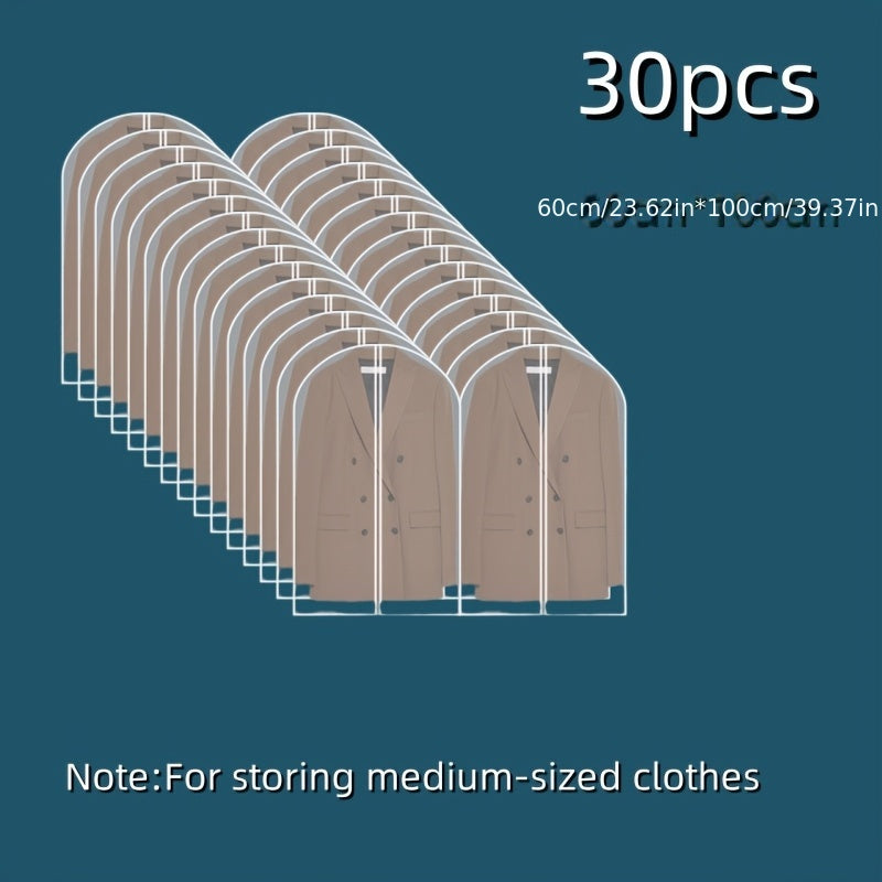 30pcs of Transparent Clothing Dust Cover, Waterproof and, Fully Covered Zipper Storage Bag for Suits and Jackets, Durable, Washable, Reusable, Top Opening and Neat Hem, Vertical Clothing Hanging | Zipper Dust Cover