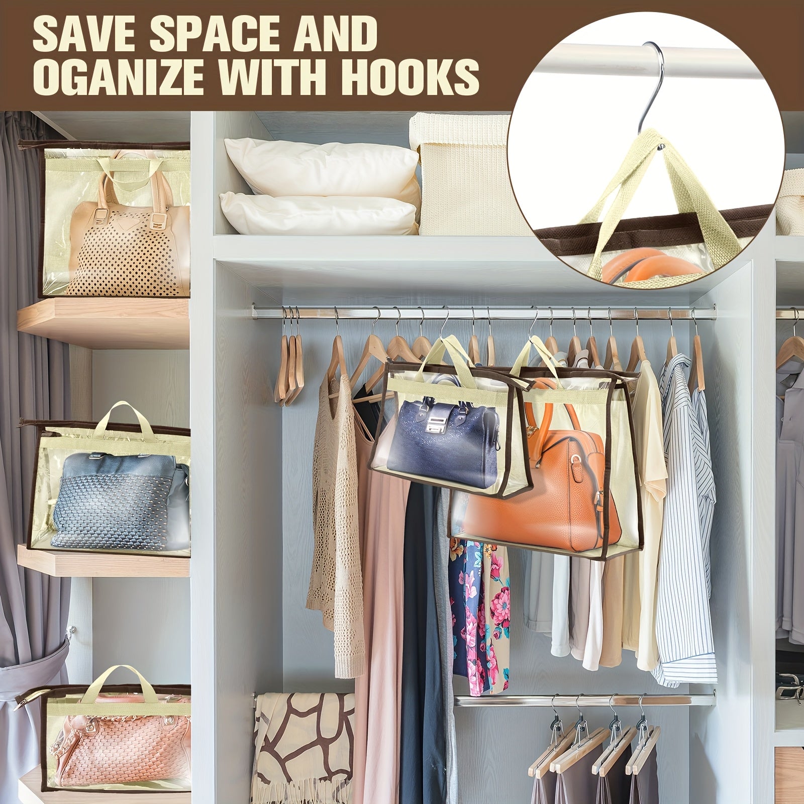 24 Pack Dust Bags for Handbags with 25 Stainless Steel S Shape Hooks, 3 Assorted Sizes Dust Cover Bags Damp Proof Purse Storage Handbags with Zippers And Handles for Closet Hanging